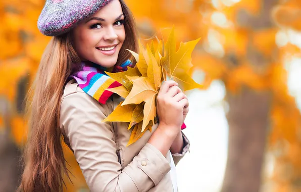 Картинка осень, взгляд, девушка, лист, волосы, макияж, куртка, красивая