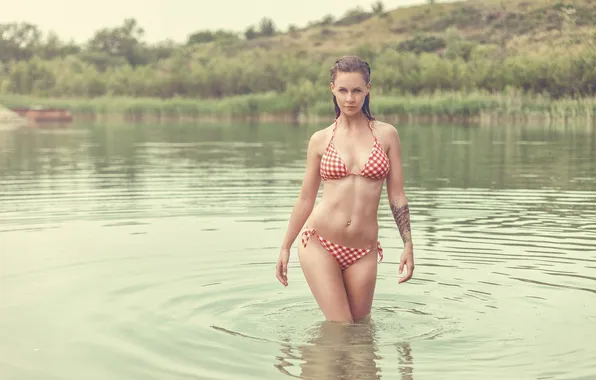 Грудь, взгляд, девушка, озеро, тело, мокрая, girl, бедра
