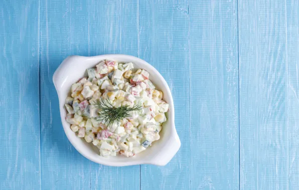 Доски, миска, голубой фон, салат, салат с крабовыми палочками