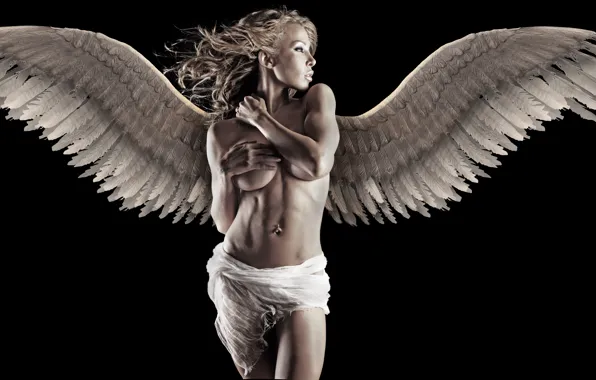 Girl, white, black, wings, mood, angel, erotic, spread