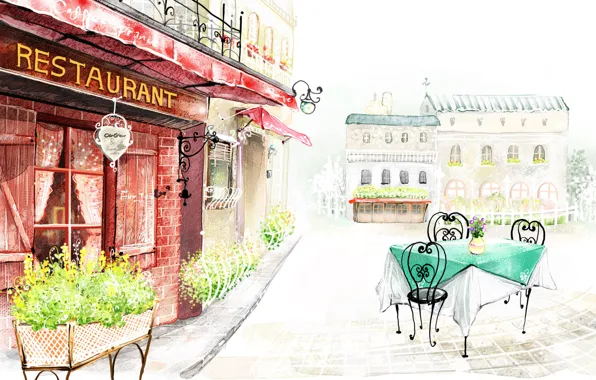 Цветы, город, улица, рисунок, здания, ресторан, столик