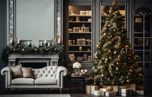 Комната, елка, интерьер, Рождество, Новый год, Christmas, view, tree