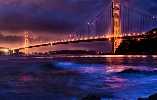 Пейзаж, горы, ночь, мост, пролив, освещение, Калифорния, Сан-Франциско