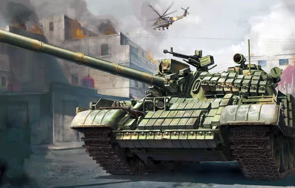 Картинка война, рисунок, Ми-24, советский средний танк, боевые действия, Т-55АМВ, навесная динамическая защита