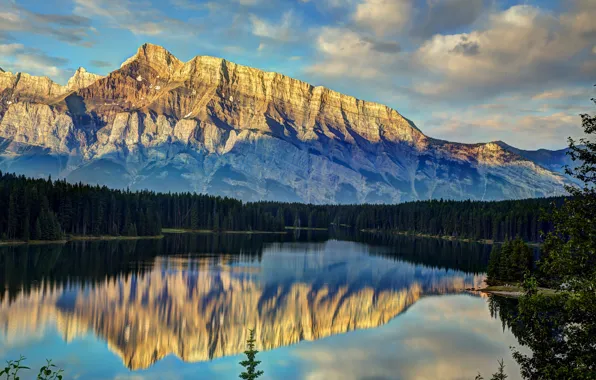 Картинка лес, пейзаж, горы, озеро, Banff National Park, Alberta, Canada, Two Jack Lake