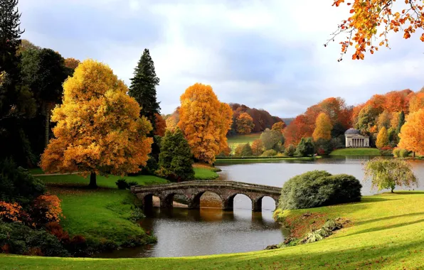 Картинка осень, мост, озеро, Англия, Золотая, Пантеон, Палладиан