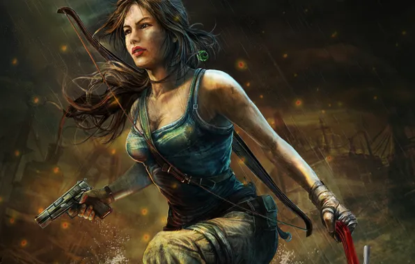 Картинка девушка, пистолет, дождь, Tomb Raider