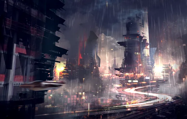 Картинка город, будущее, дождь, небоскребы, нуар, мегаполис
