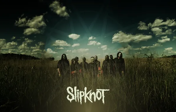 Music, sky, field, clouds, Slipknot, band, standing, metal band