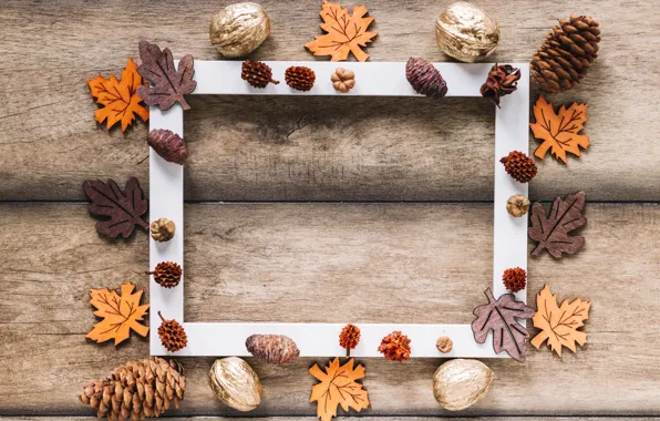 Картинка осень, листья, фон, дерево, доски, шишки, wood, background