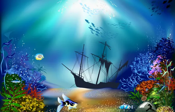 Картинка корабль, кораллы, подводный мир