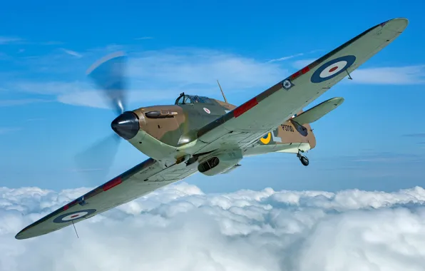 Облака, Истребитель, Hawker Hurricane, Hurricane, RAF, Вторая Мировая Война, Hawker Hurricane MK1