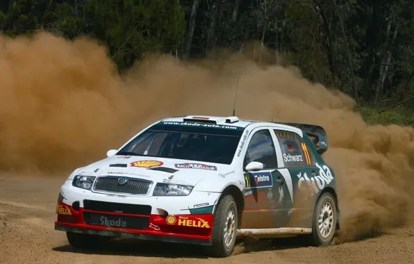 Пыль, поворот, rally, wrc, Skoda, fabia