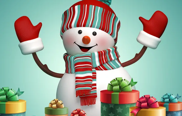 Новый Год, Рождество, подарки, снеговик, Christmas, New Year, cute, snowman