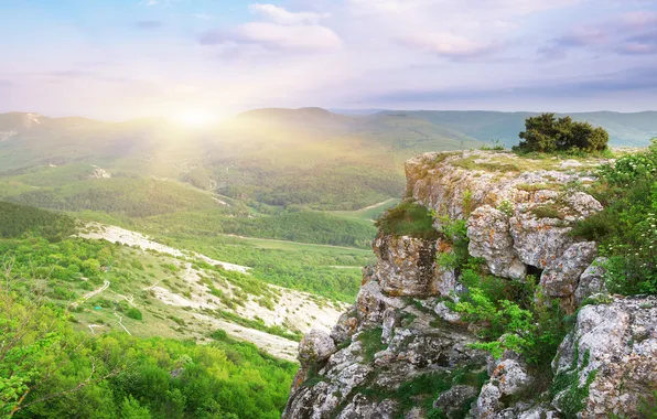 Зелень, лето, солнце, облака, лучи, свет, деревья, горы