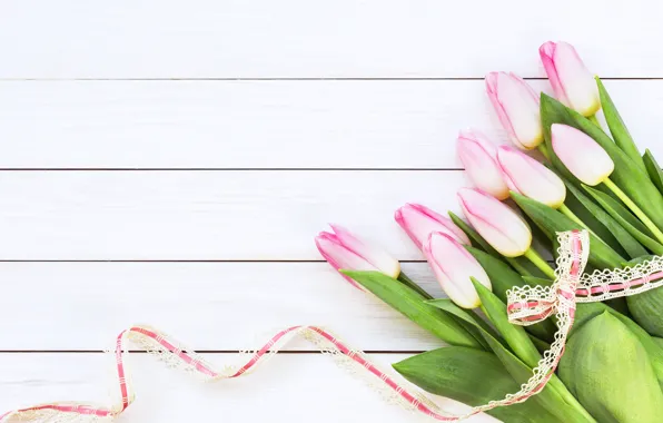 Цветы, букет, лента, тюльпаны, розовые, wood, pink, flowers