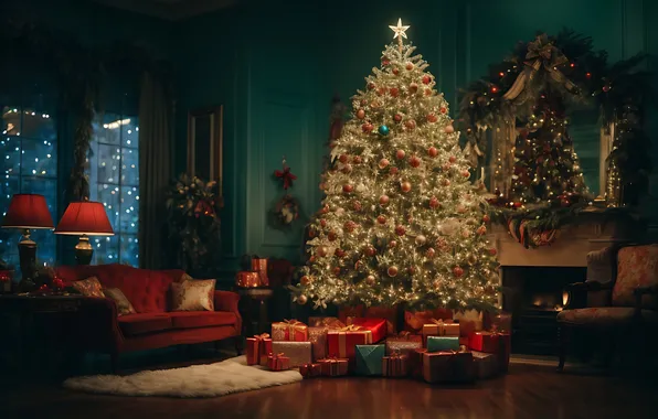 Картинка украшения, комната, елка, интерьер, Рождество, подарки, Новый год, Christmas