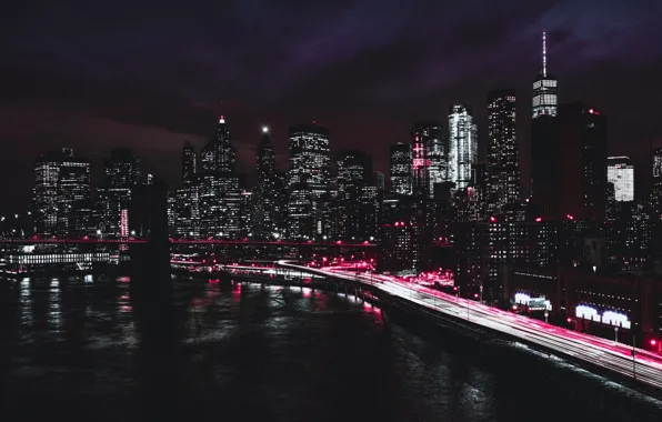 Бруклинский мост, набережная, небоскрёбы, New York, usa, огни ночного города