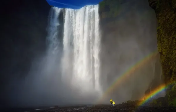 Картинка люди, водопад, радуга, Iceland, Skógafoss