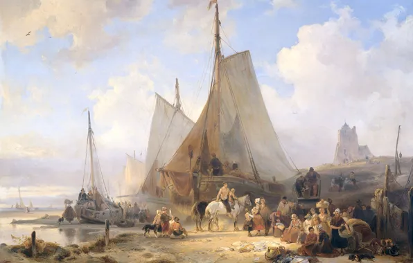 Картинка дерево, масло, картина, парус, Wijnand Nuijen, Сортирующими Улов, Рыбацкие Лодки на Пляже с Рыбаками и …