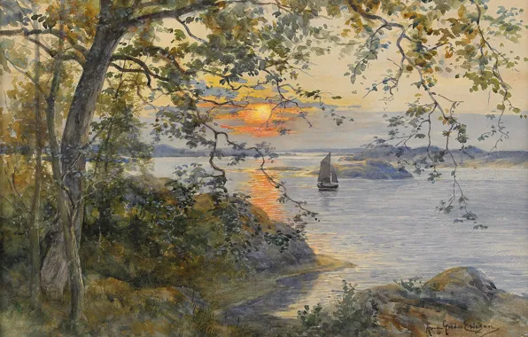 Вечер, Анна Гарделл-Эриксон, Береговой пейзаж с парусной лодкой в лучах заката