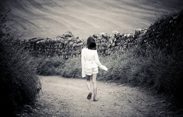 Картинка дорога, поле, трава, путь, одиночество, камни, настроение, черно-белый