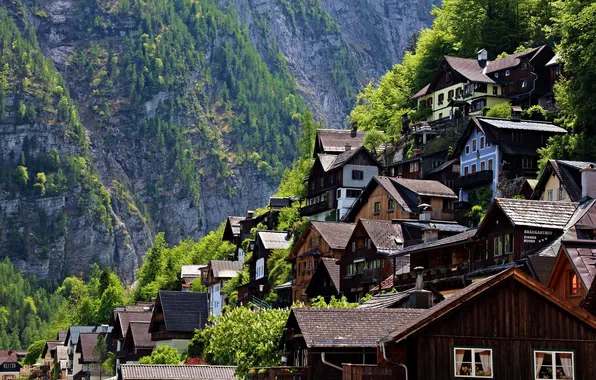 Картинка гора, Австрия, склон, домики, Austria, Hallstatt, Гальштат