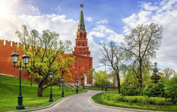 Картинка солнце, lights, парк, фонари, Москва, аллея, Moscow, Kremlin