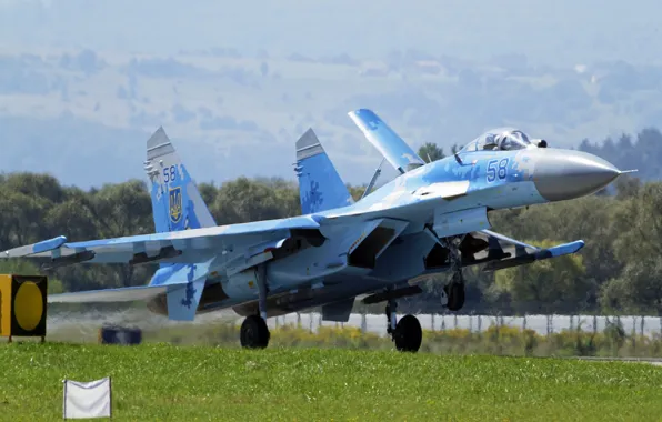 Истребитель, взлет, Sukhoi, Flanker, Su-27