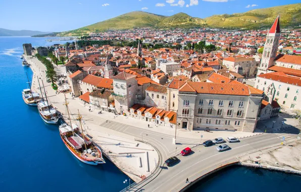 Дорога, море, дома, яхты, панорама, Хорватия, Трогир