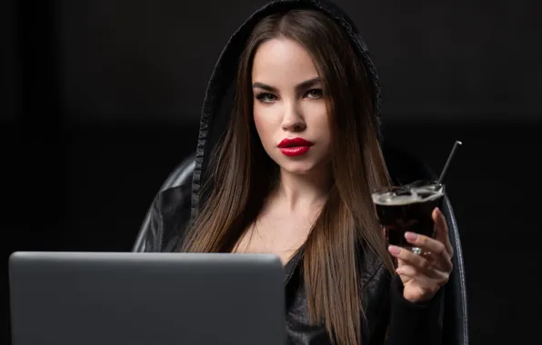 Brown eyes, model, chair, women, face, brunette, laptop, sitting