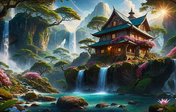 Картинка landscape, nature, waterfall, AI art, fantasy houses