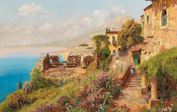 Цветы, Вода, Дома, Девушка, Картина, Побережье, Alois Arnegger, Алоис Арнеггер