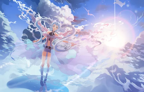 Картинка небо, девушка, солнце, облака, аниме, арт, vocaloid, hatsune miku