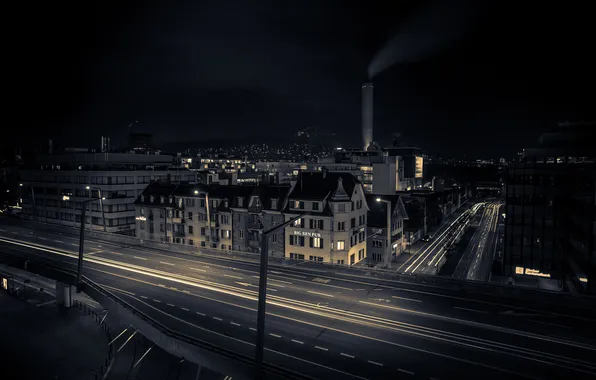 Картинка ночь, город, здания, дороги, дома, Швейцария, Switzerland, Zürich