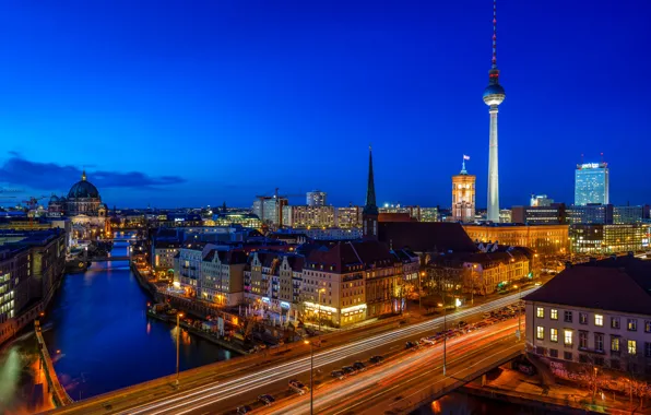 Картинка мост, река, здания, дома, Германия, ночной город, Germany, Берлин