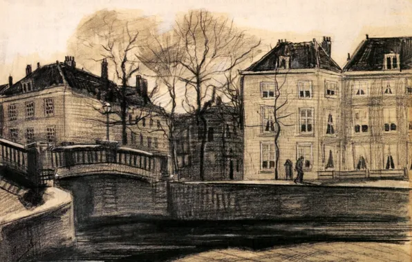 Картинка Drawings, Винсент ван Гог, The Hague, on the Corner of Herengracht-Prinsessegracht, Bridge and Houses