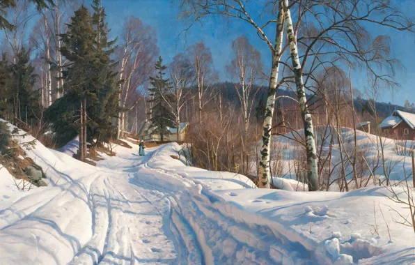 Датский живописец, 1919, Петер Мёрк Мёнстед, Peder Mørk Mønsted, Danish realist painter, Солнечный зимний пейзаж, …