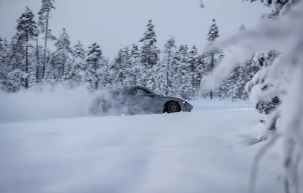 Картинка снег, серый, движение, Porsche, боком, 2020, Taycan, Taycan 4S