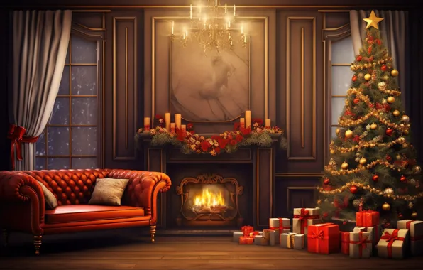 Украшения, комната, шары, елка, интерьер, Новый Год, Рождество, подарки