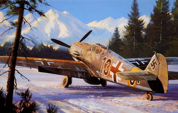 Зима, рисунок, истребитель, Nicholas Trudgian, Bf109F