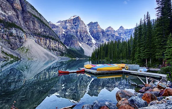 Деревья, горы, лодка, причал, Канада, Альберта, каноэ, banff national park