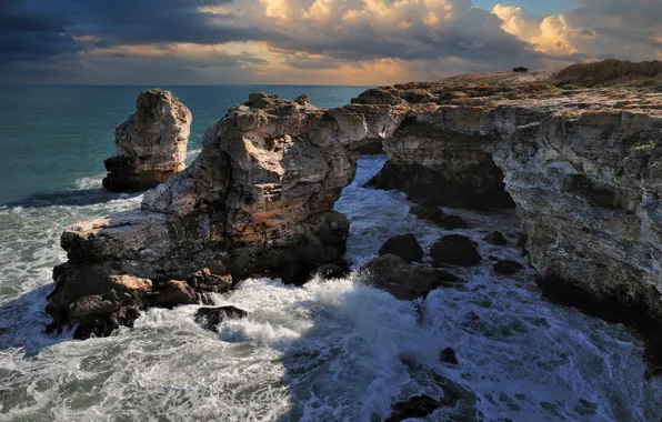 Море, волны, осень, небо, облака, пейзаж, природа, скалы