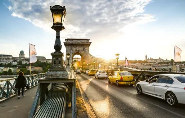 Авто, солнце, мост, город, Венгрия, Будапешт, Chain bridge