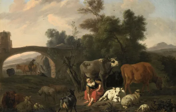 Масло, картина, холст, Пейзаж с Пастухами и Скотом, Dirck van Bergen, 1690, Дирк ван Берген