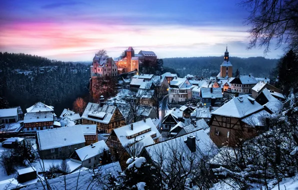 Картинка зима, лес, снег, деревья, закат, замок, вечер, Германия