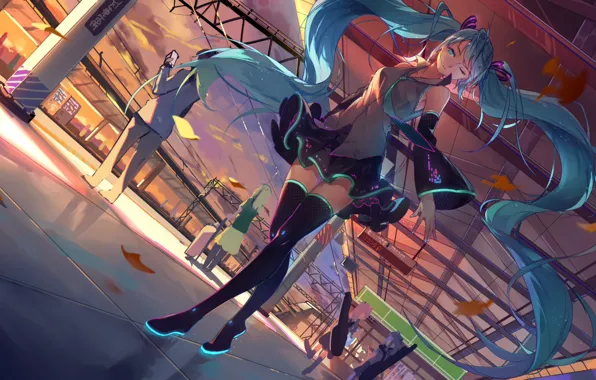 Листья, люди, вокзал, вечер, чулки, перрон, галстук, vocaloid