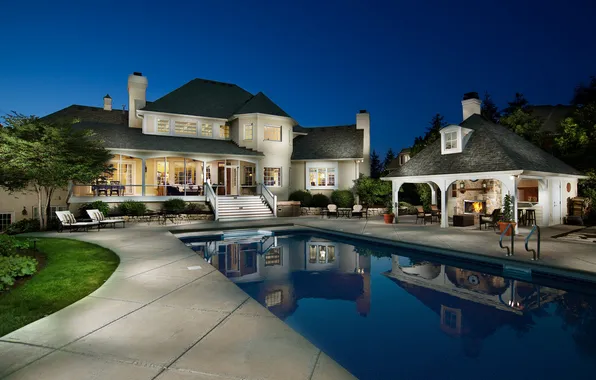 Картинка pool, night, luxury home