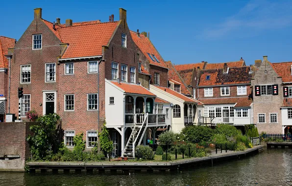 Город, река, фото, дома, Нидерланды, Enkhuizen