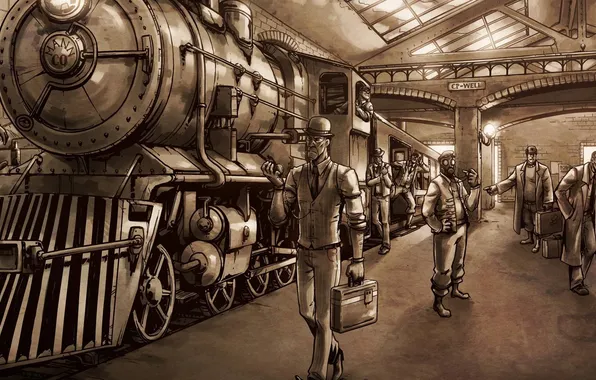 Картинка люди, вокзал, паровоз, перрон, steampunk